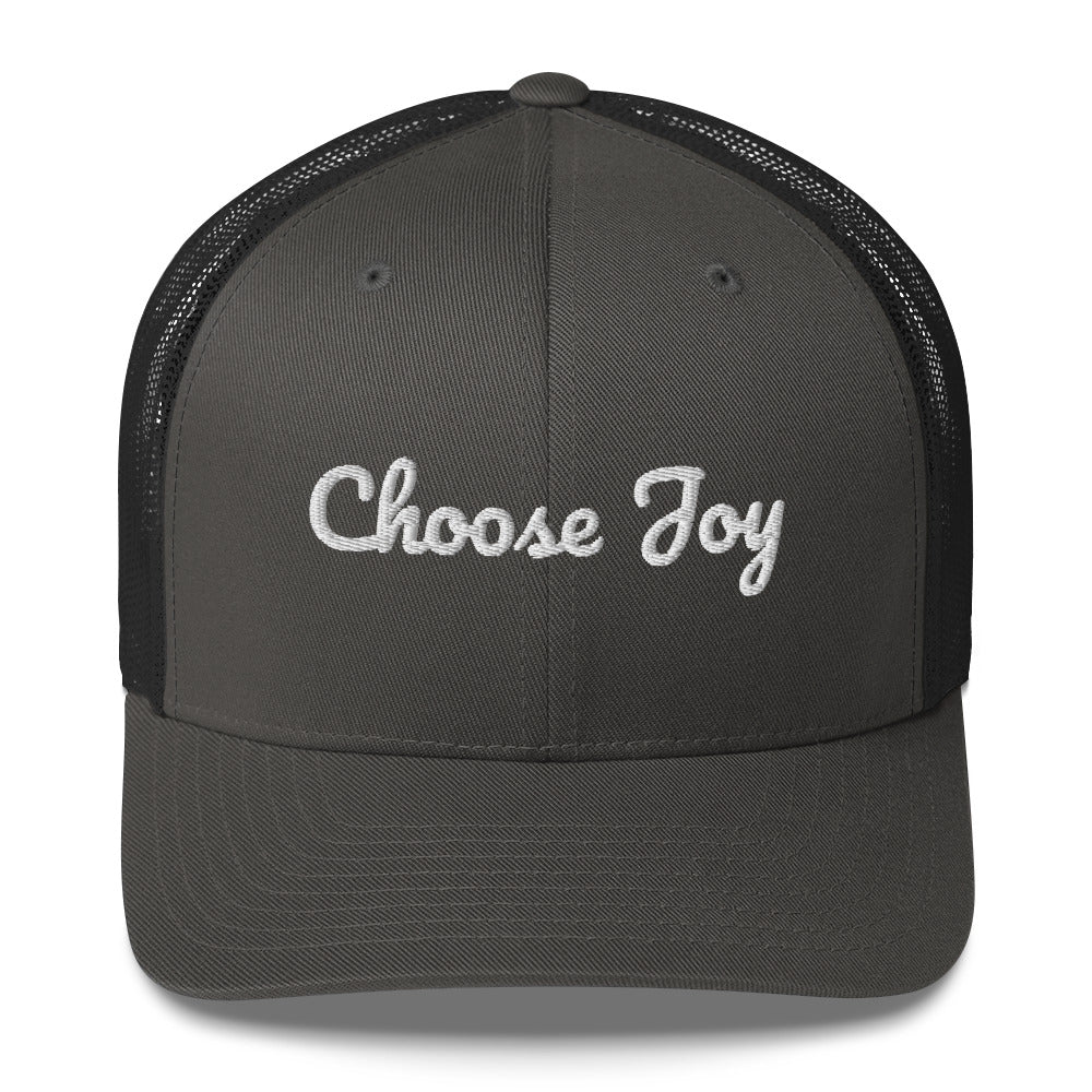 Black cap with 'Choose Joy' text on a white background