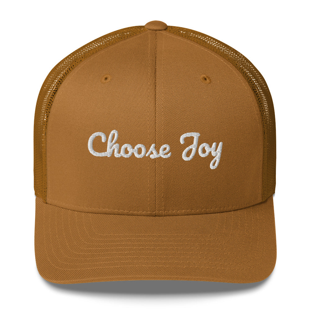 Brown cap with 'Choose Joy' text on a white background