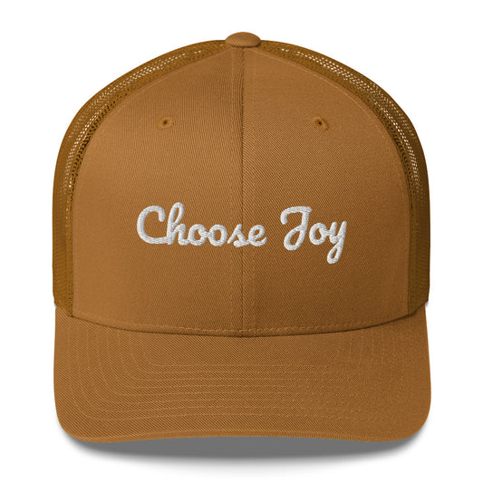 Brown cap with 'Choose Joy' text on a white background