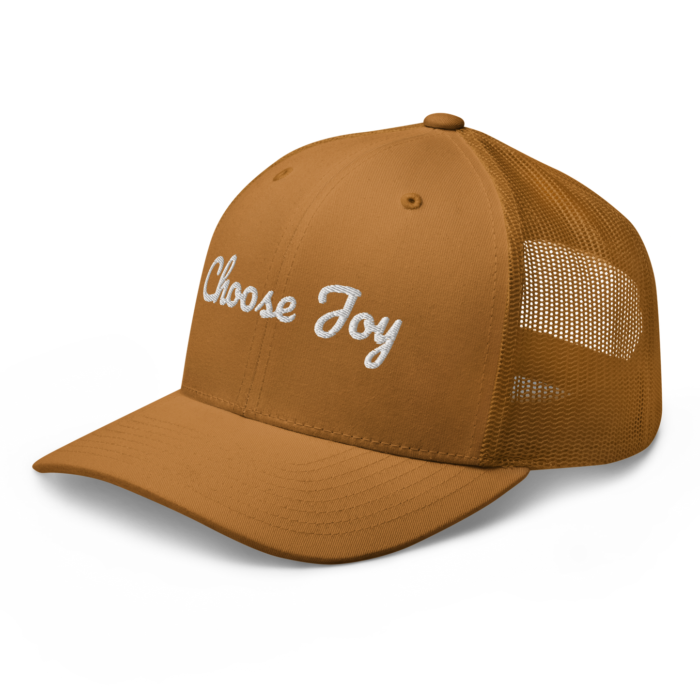 Brown cap with 'Choose Joy' text on a white background