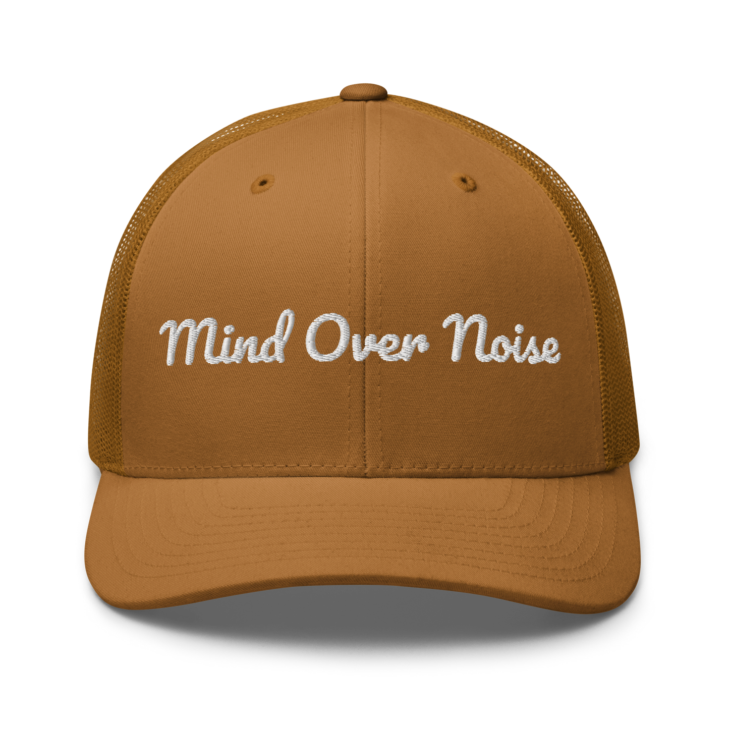 Brown cap with 'Mind Over Noise' text on a white background