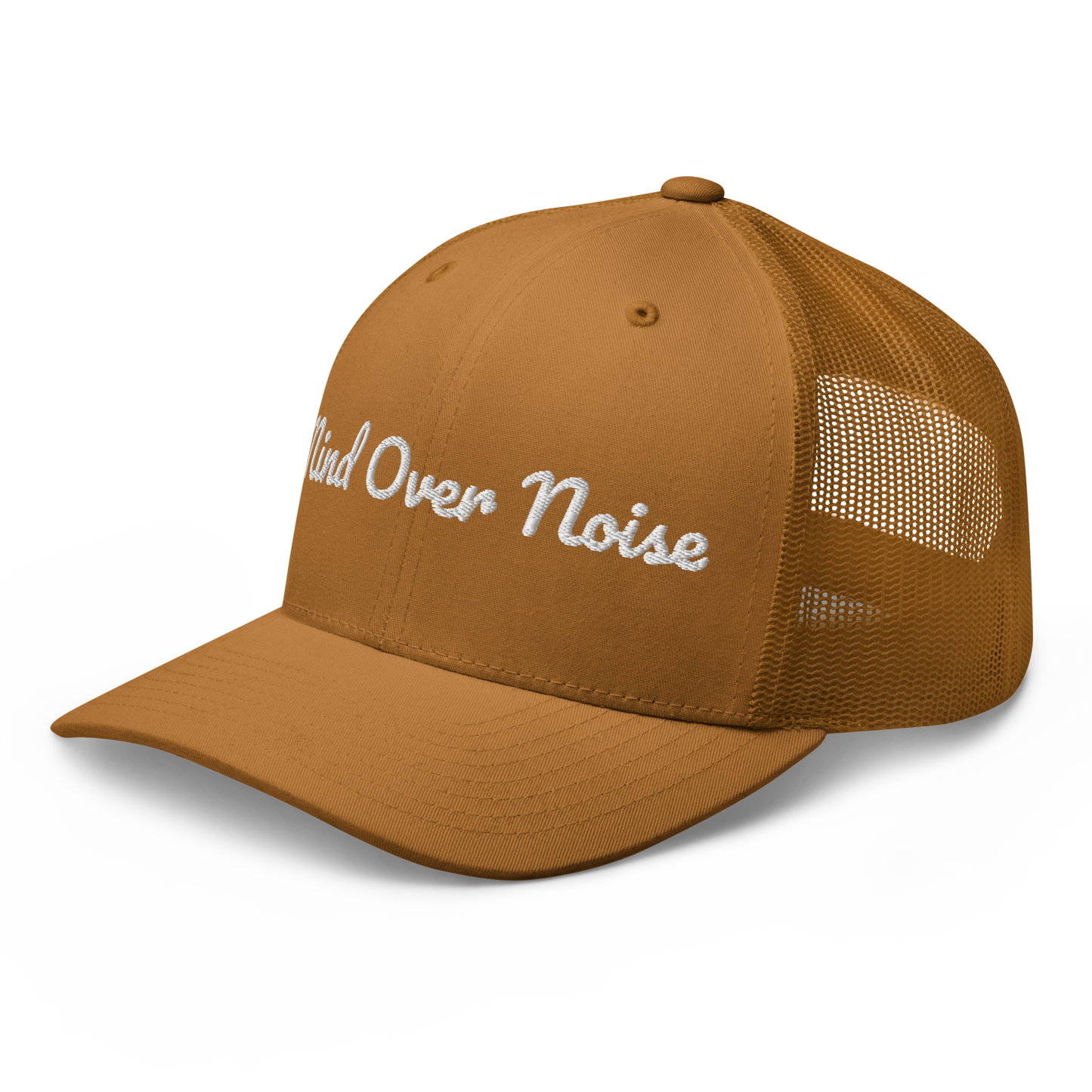 Brown cap with 'Mind Over Noise' text on a white background