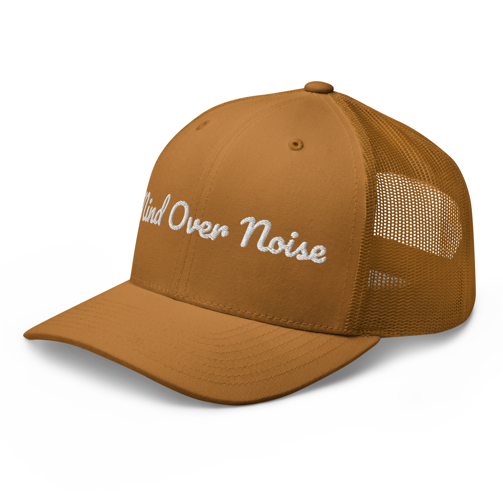Brown cap with 'Mind Over Noise' text on a white background
