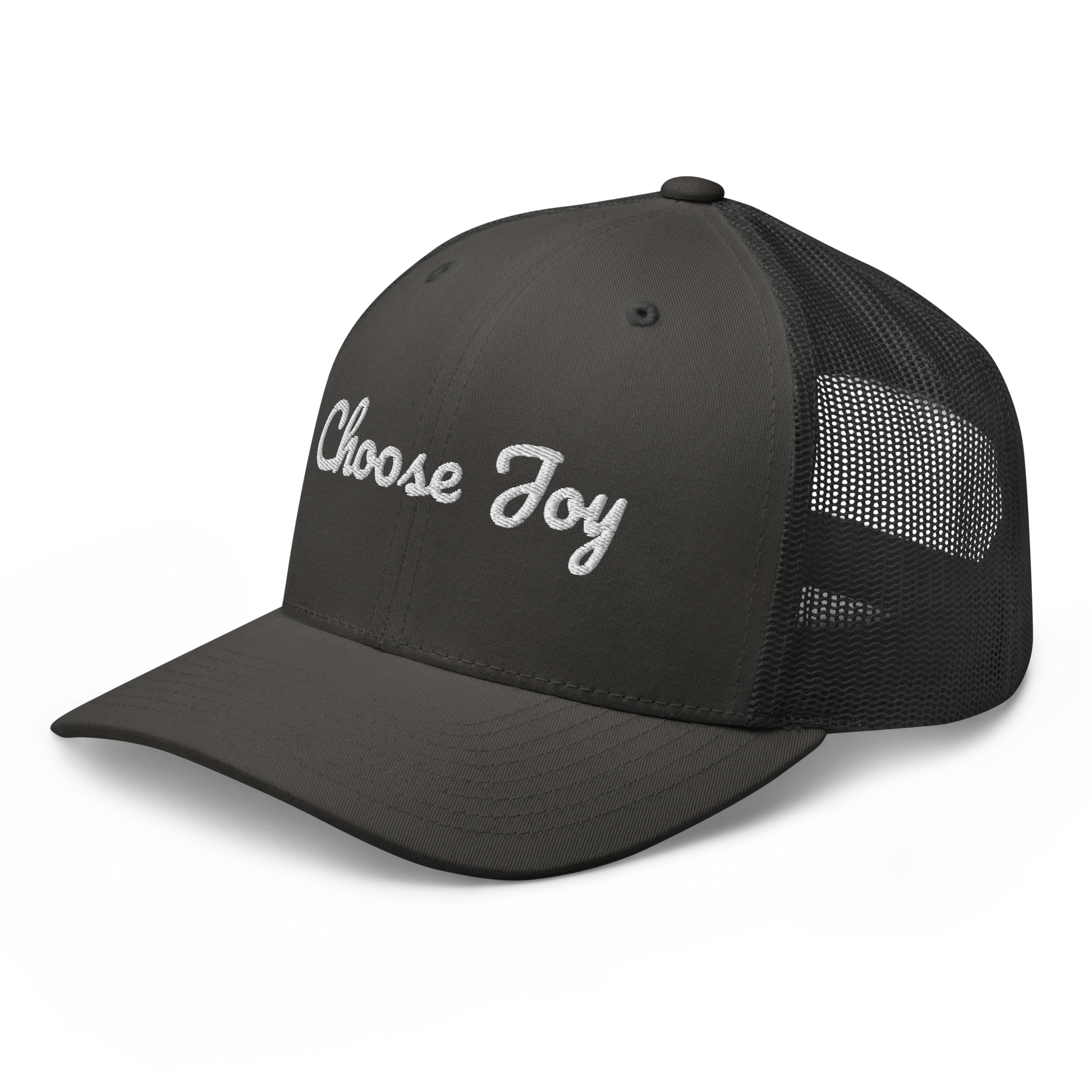 Charcoal cap with 'Choose Joy' text on a white background