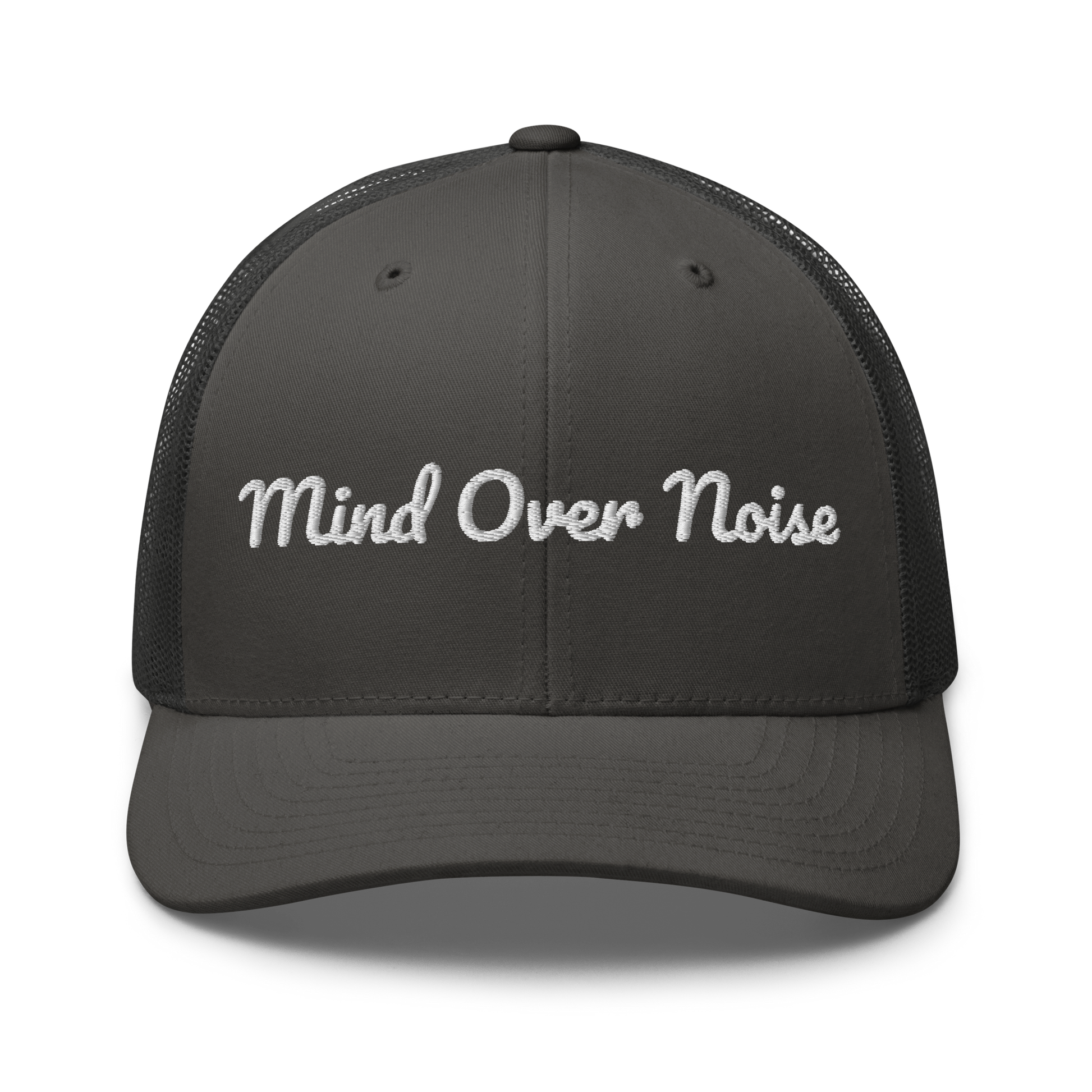 Charcoal grey cap with 'Mind Over Noise' text on a white background