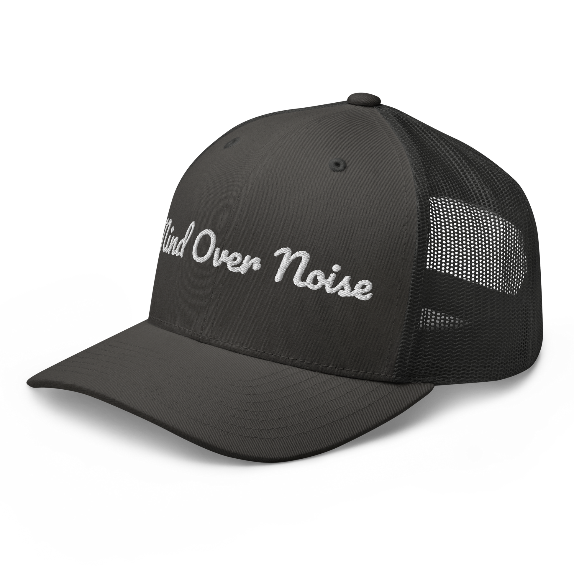 Charcoal grey cap with 'Mind Over Noise' text on a white background