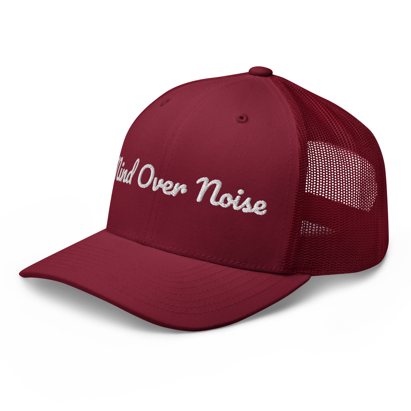 Cranberry cap with 'Mind Over Noise' text on a white background