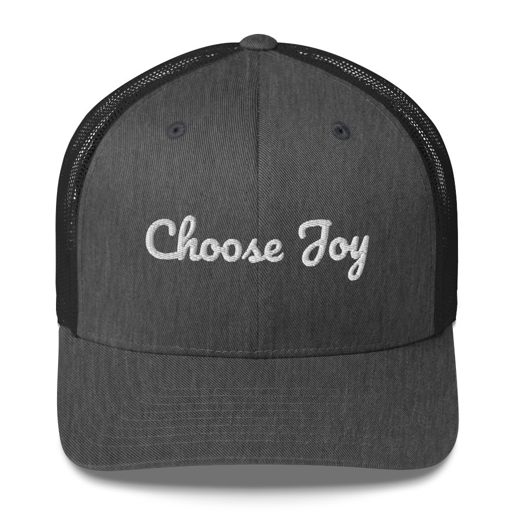 Gray cap with 'Choose Joy' text on a white background