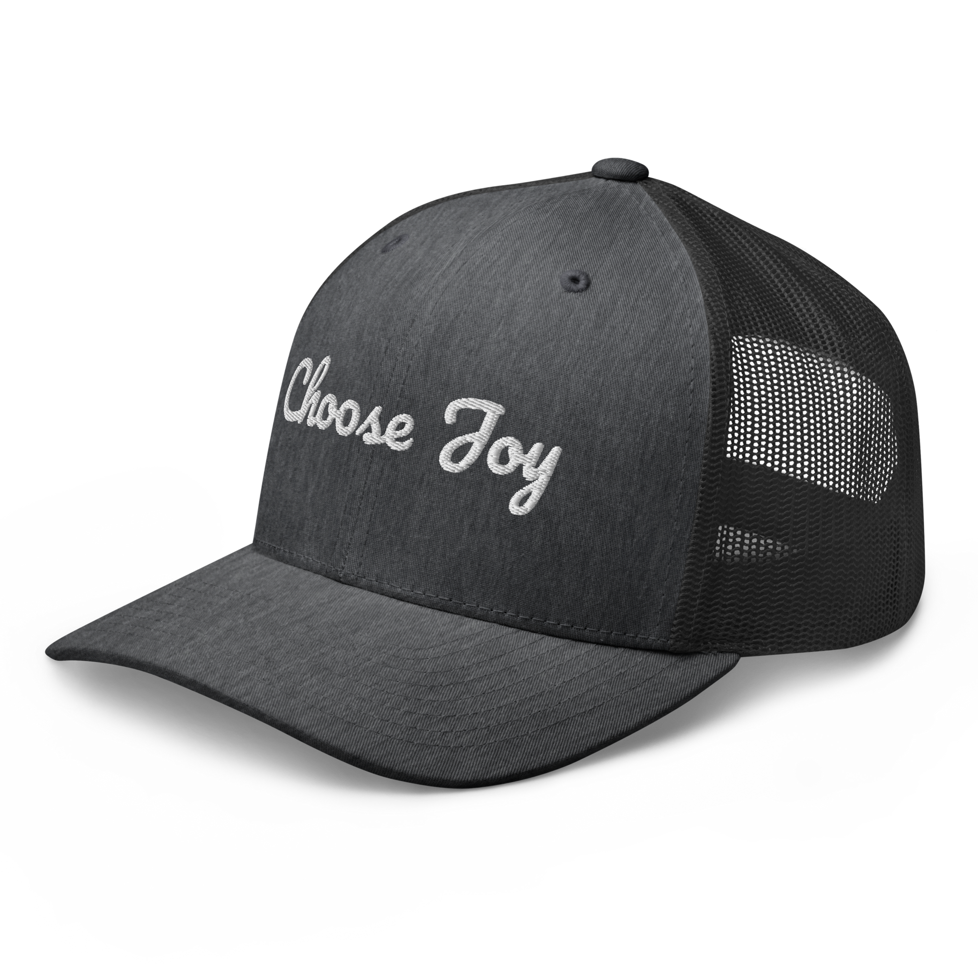 Gray cap with 'Choose Joy' text on a white background