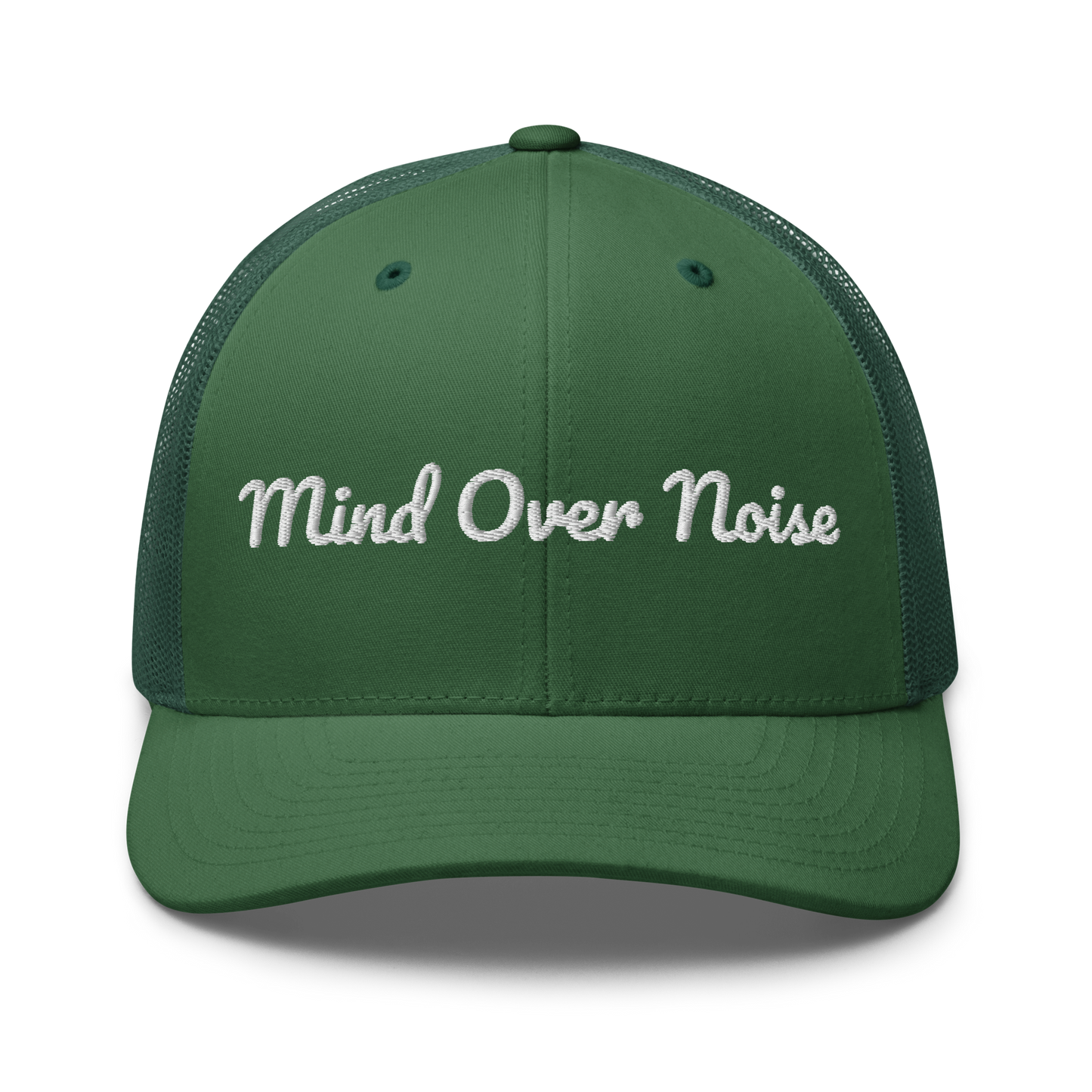 Green cap with 'Mind Over Noise' text on a white background