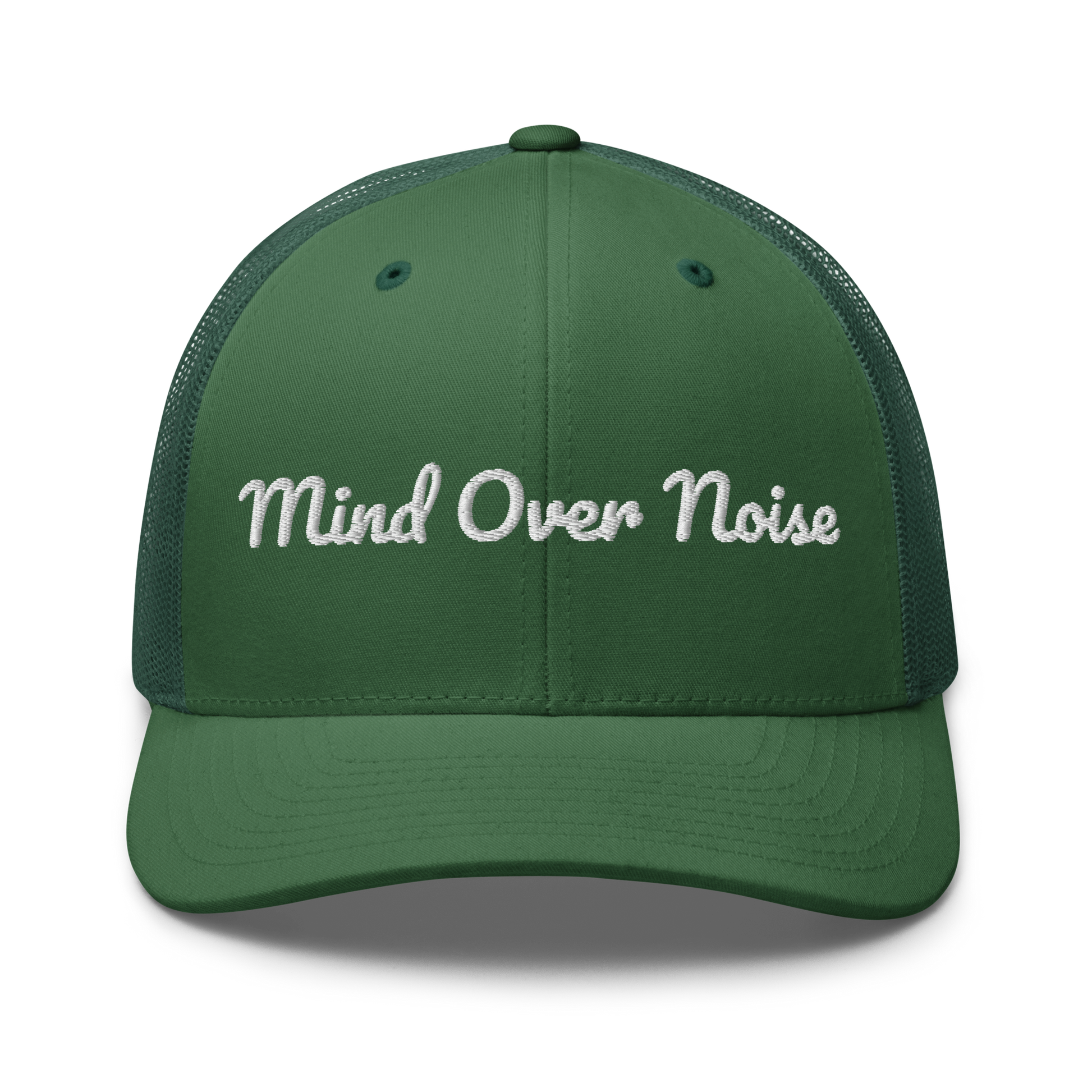 Green cap with 'Mind Over Noise' text on a white background