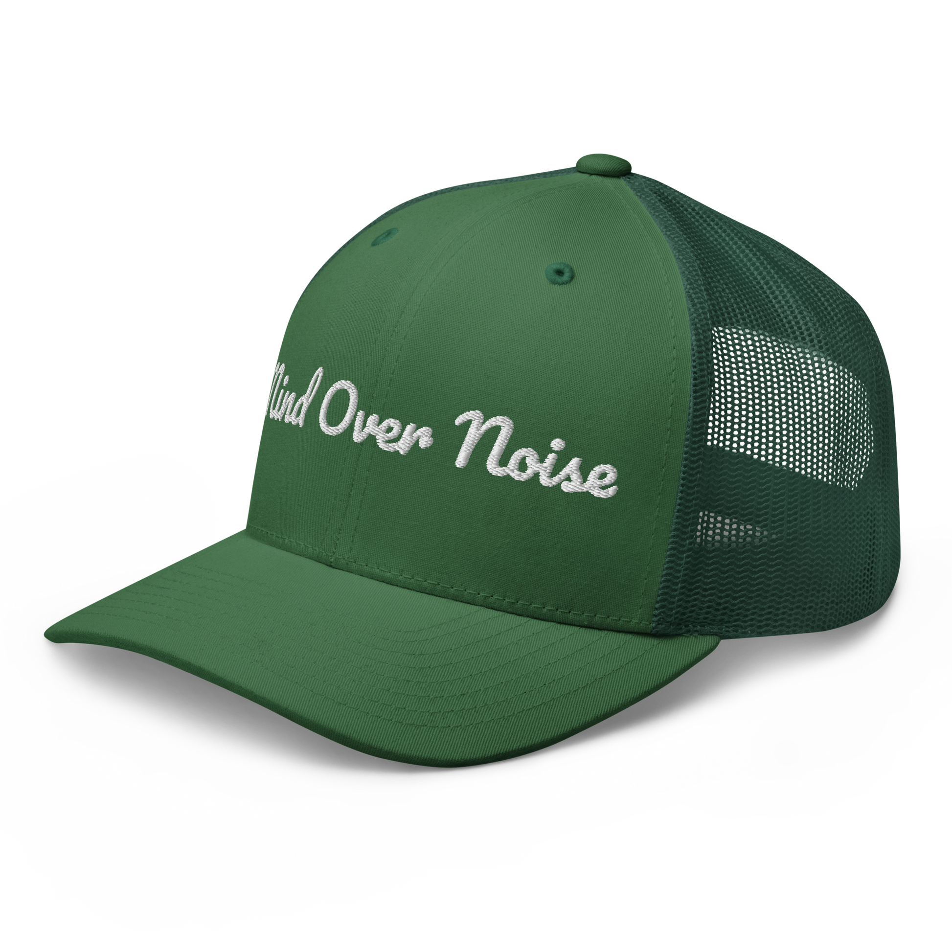 Green cap with 'Silent Over Noise' text on a white background