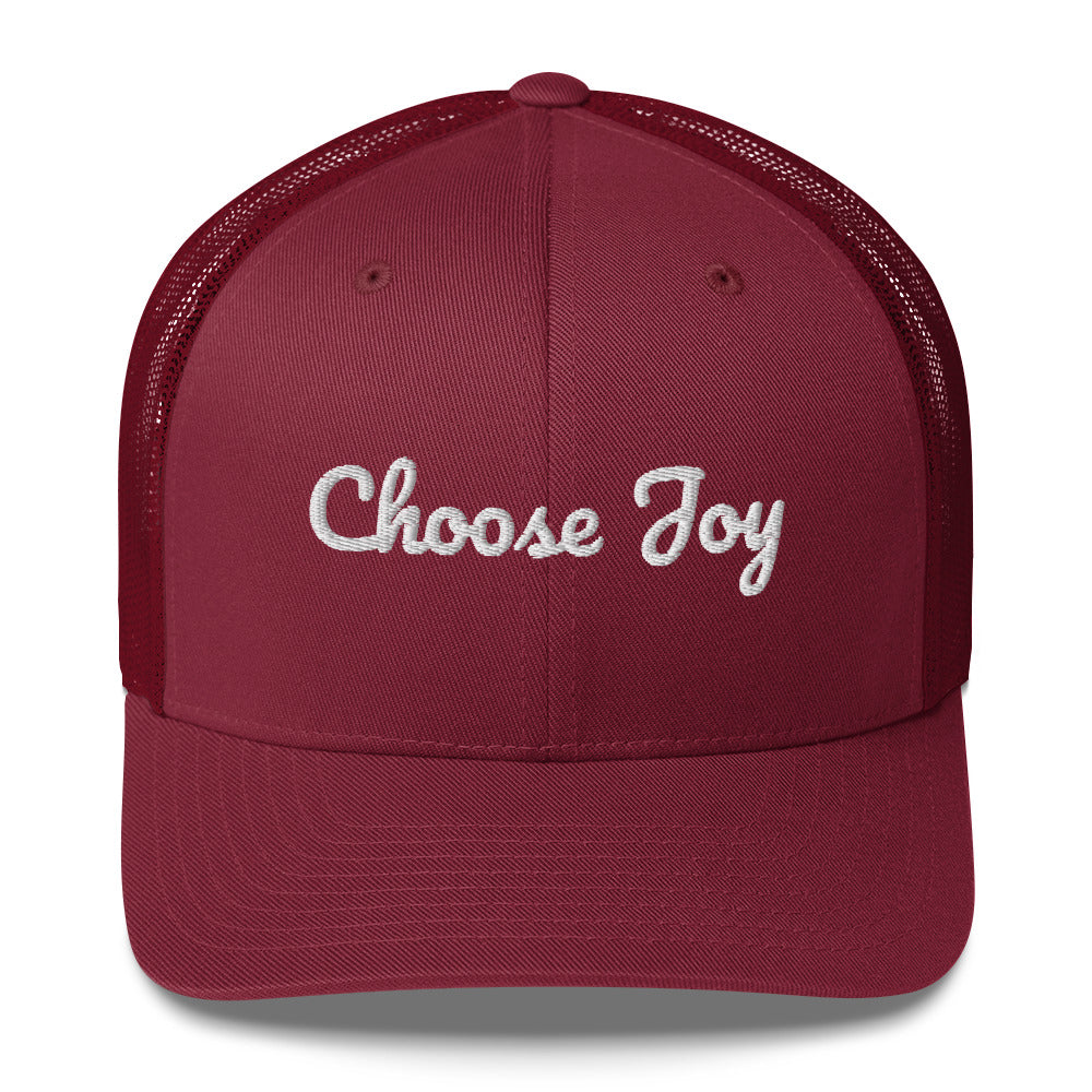 Maroon cap with 'Choose Joy' text on a white background