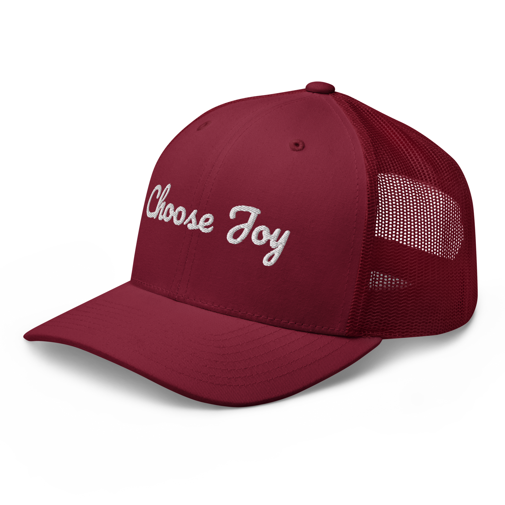 Maroon cap with 'Choose Joy' text on a white background