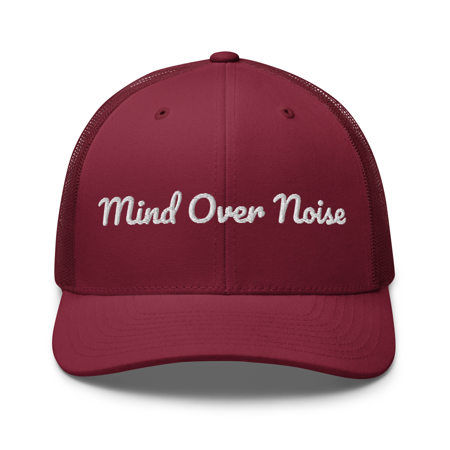 Maroon cap with 'Mind Over Noise' text on a white background