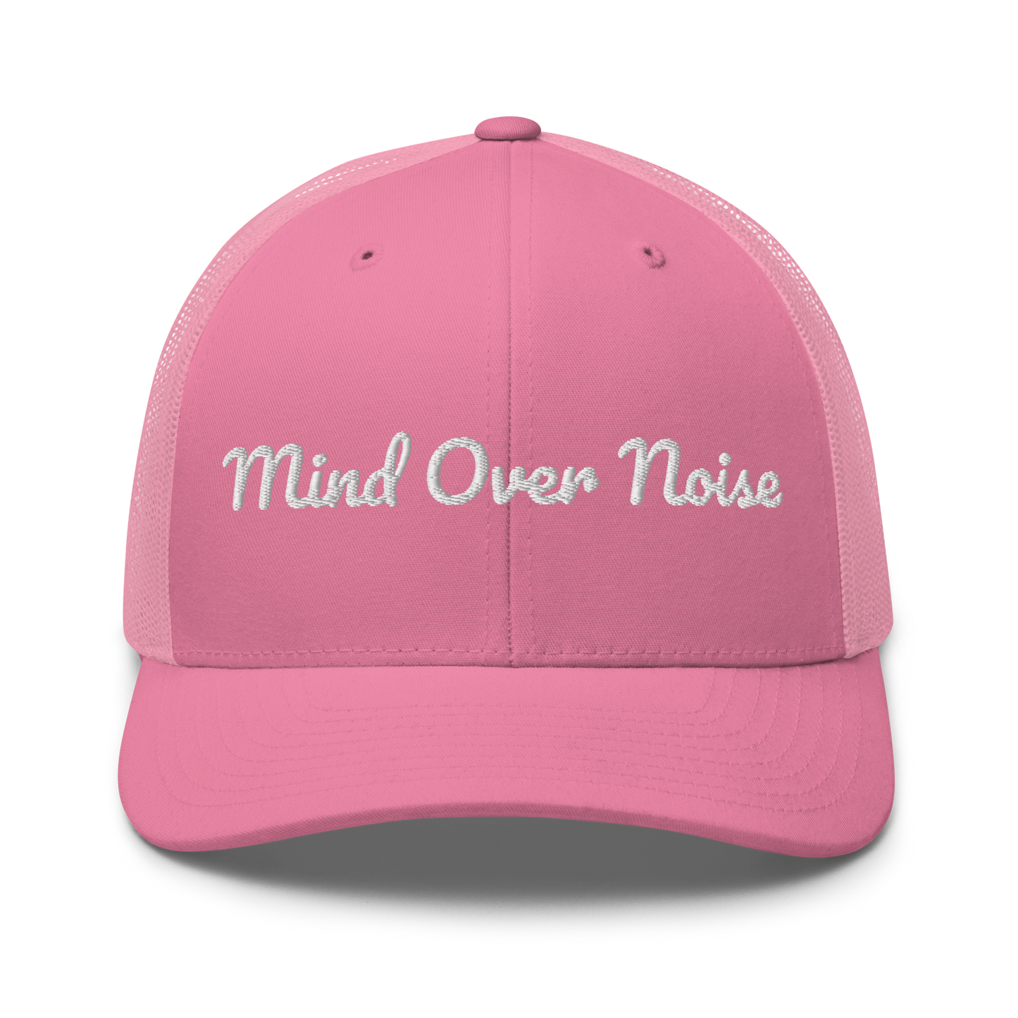 Pink cap with 'Mind Over Noise' text on a white background