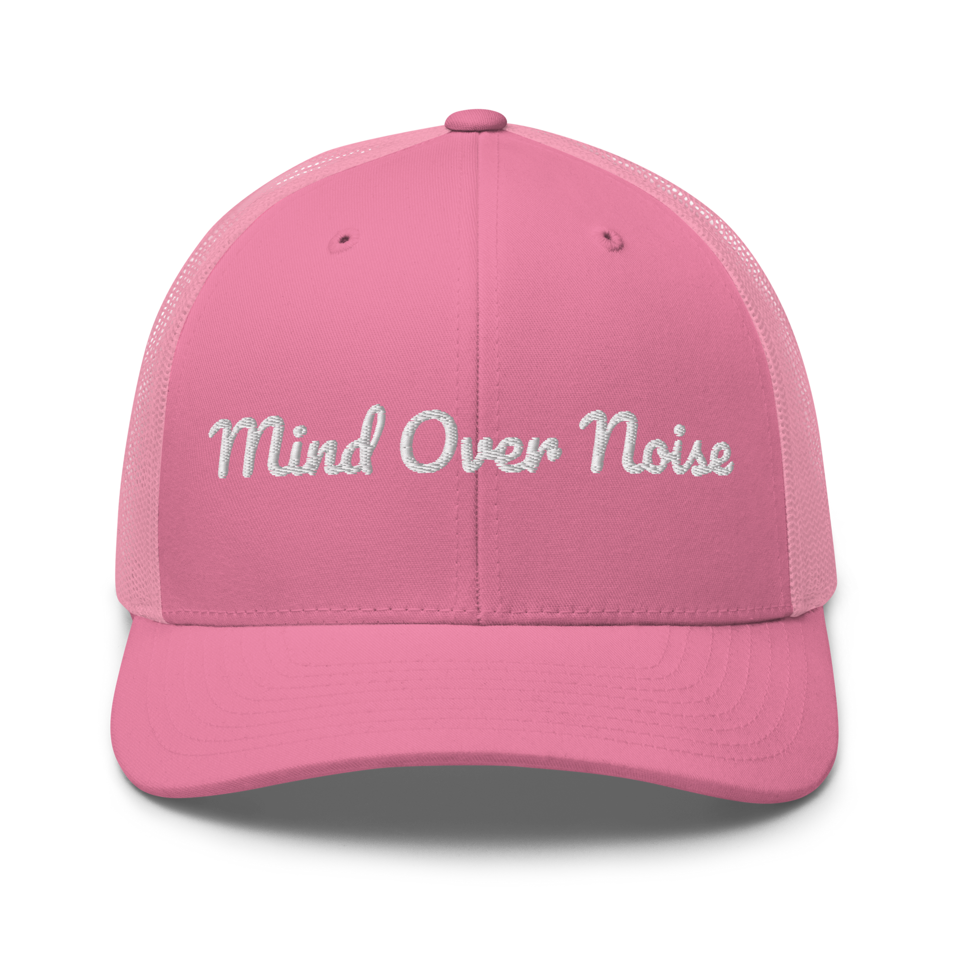 Pink cap with 'Mind Over Noise' text on a white background