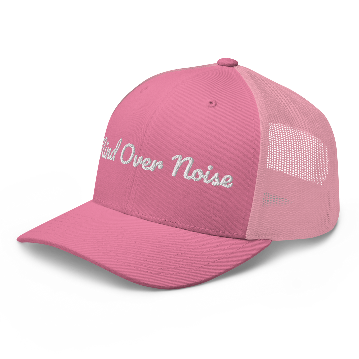 Pink cap with 'Mind Over Noise' text on a white background