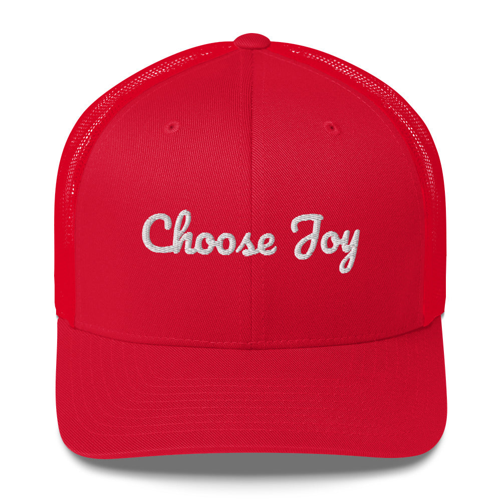 Red cap with 'Choose Joy' text on a white background