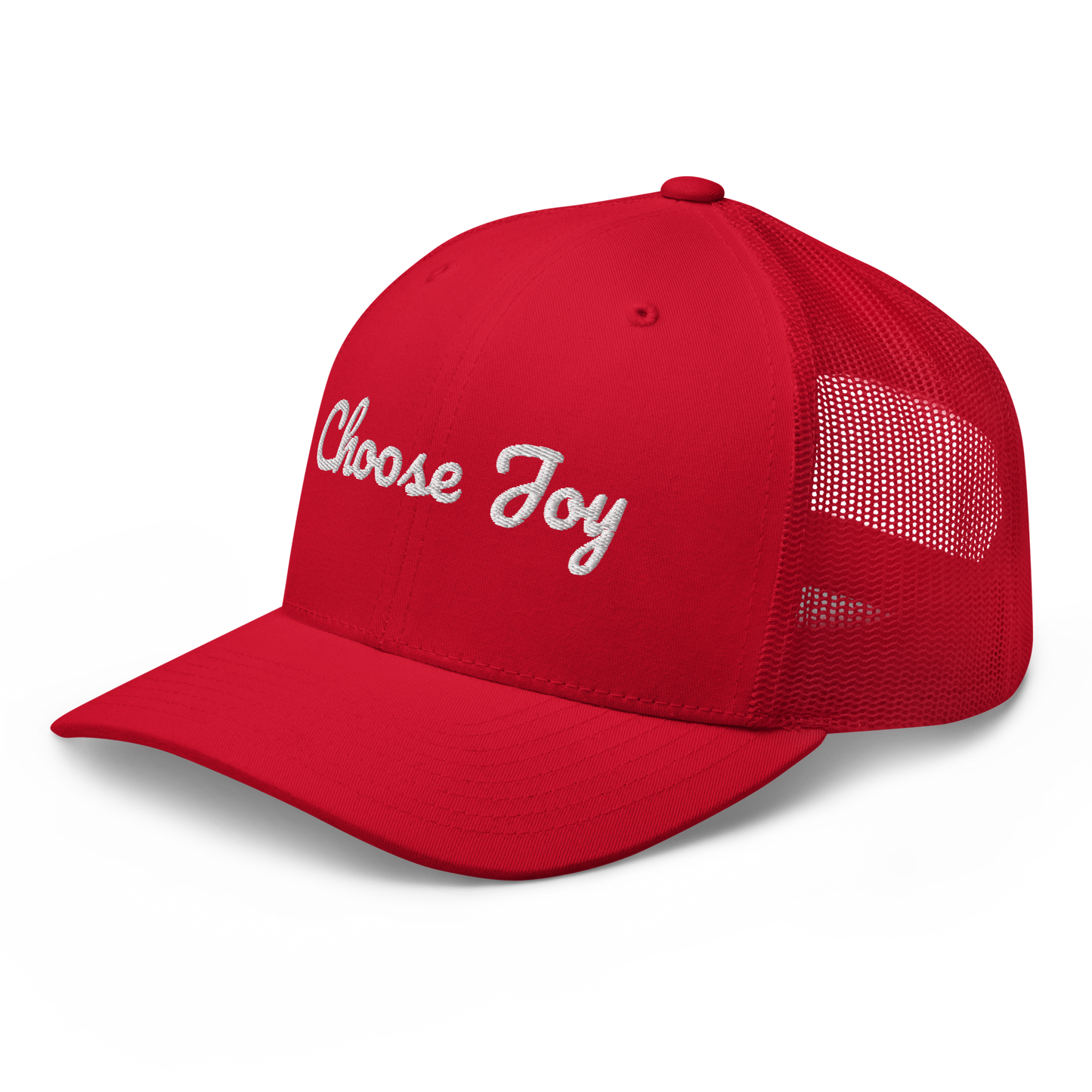 Red cap with 'Choose Joy' text on a white background