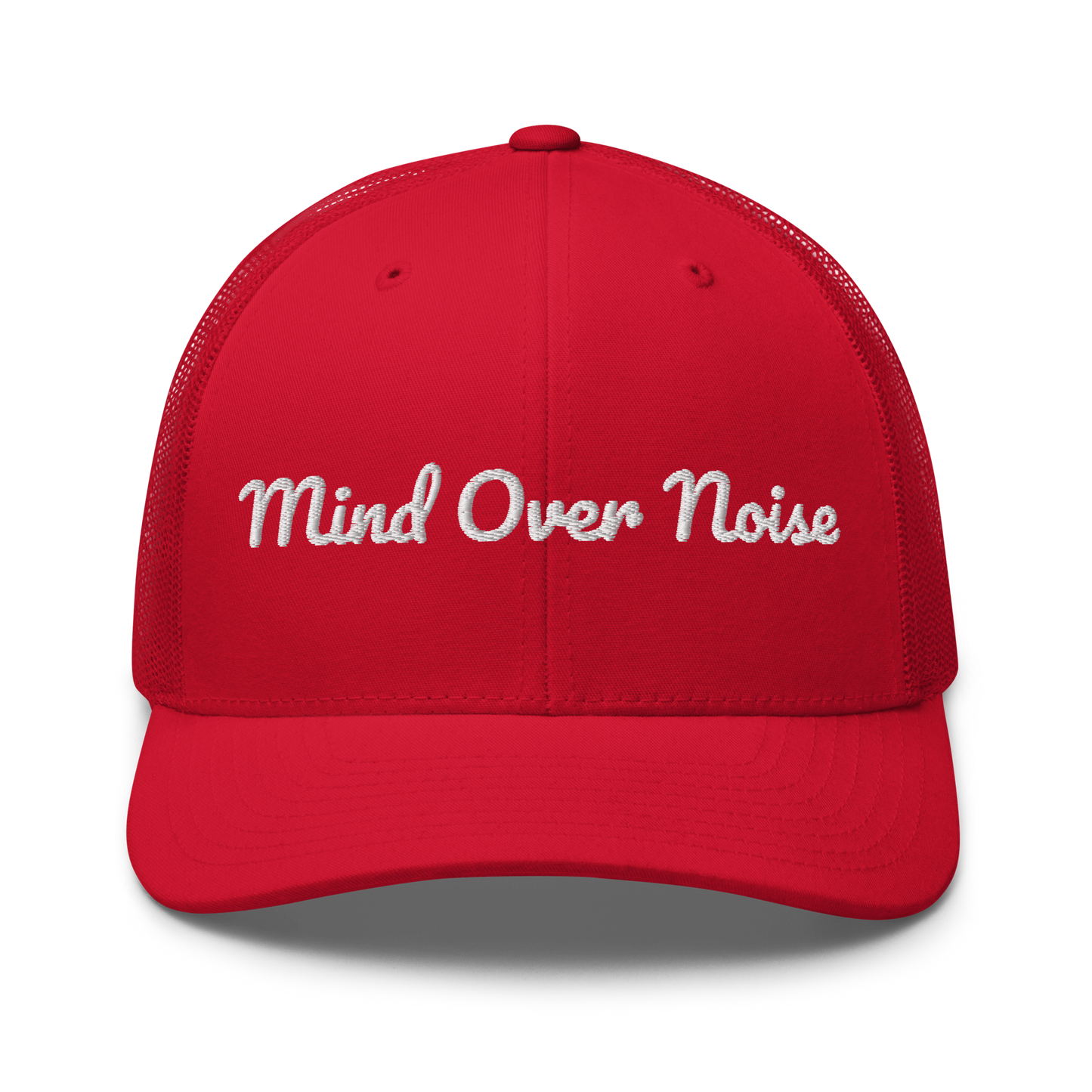 Red cap with 'Mind Over Noise' text on a white background