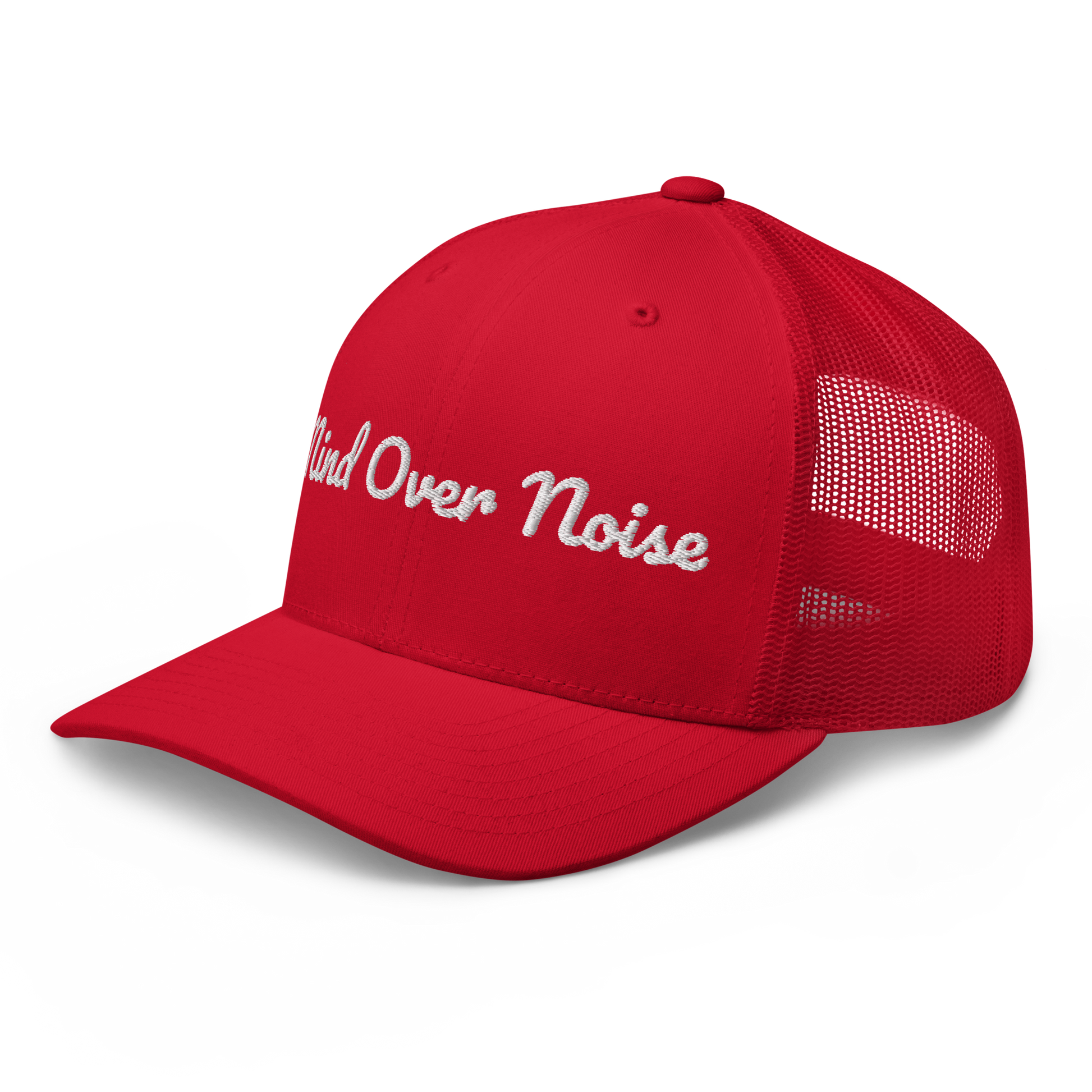 Red cap with 'Mind Over Noise' text on a white background